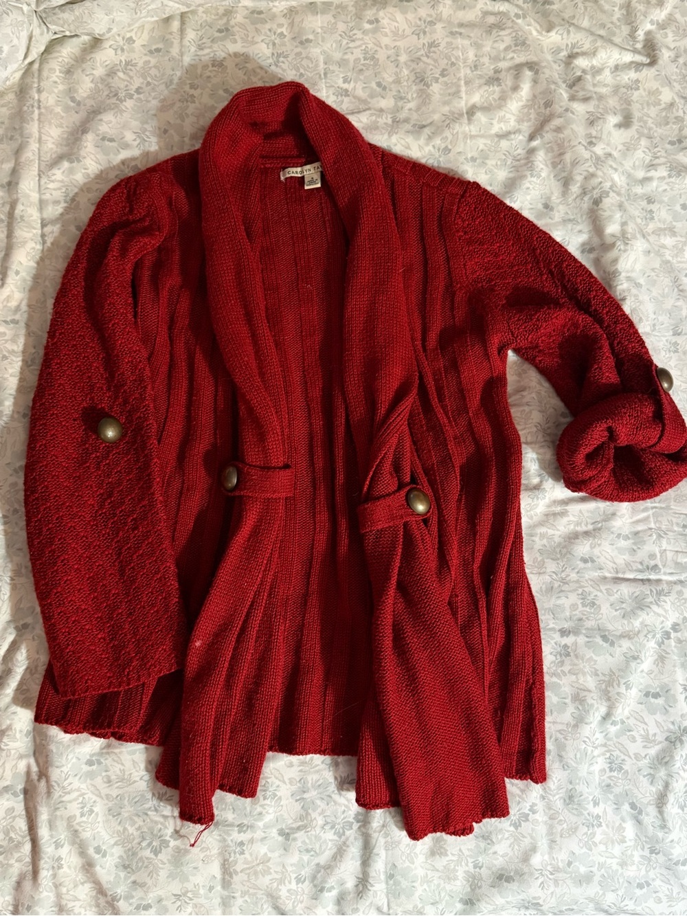 Carolyn Taylor Red Open-Front Shawl Collar Cardigan